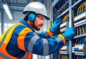 eletricista com equipamentos de segurança