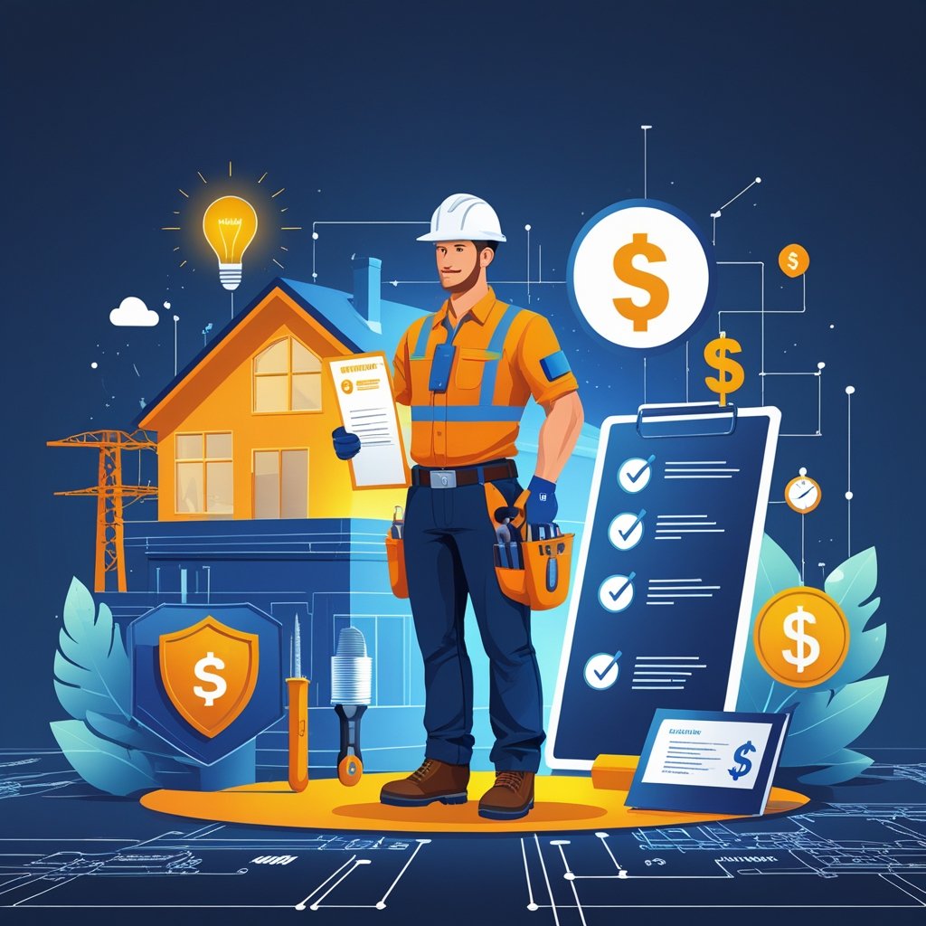 Eletricista residencial segurando ferramentas e um certificado, com ícones representando segurança, eficiência e oportunidades de trabalho ao redor.