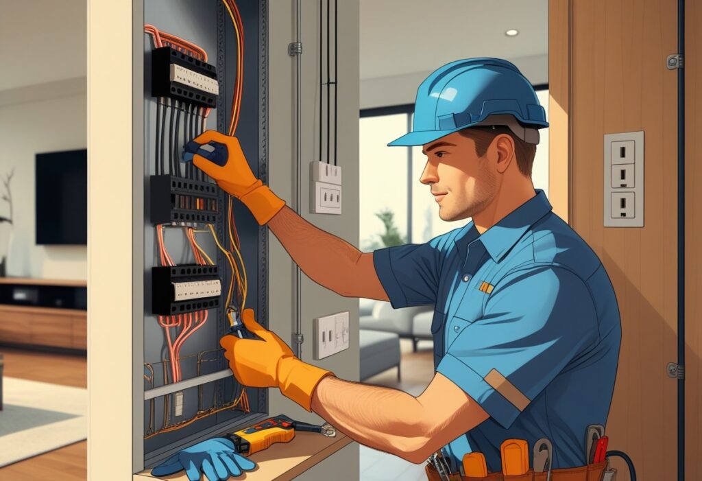 eletricista residencial autônomo fazendo ligações de fios em uma residência