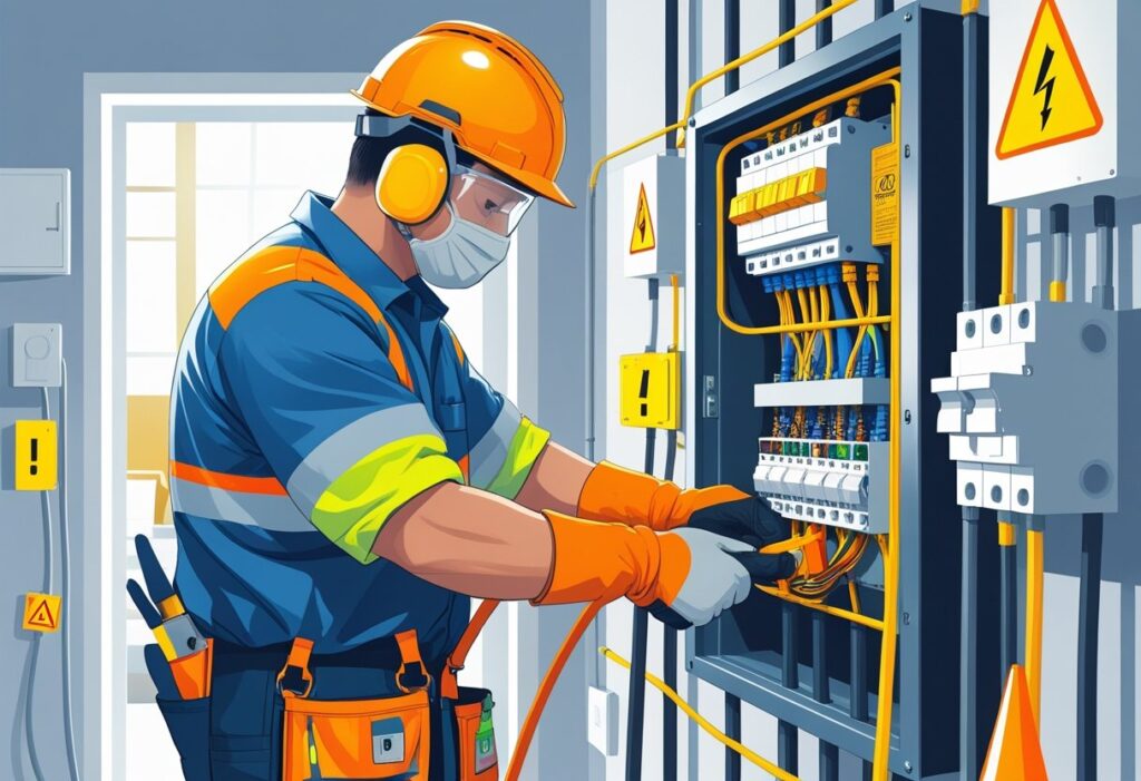 Eletricista residencial  que fez o curso de NR10 usando equipamentos de segurança trabalhando em um painel elétrico dentro de uma casa.